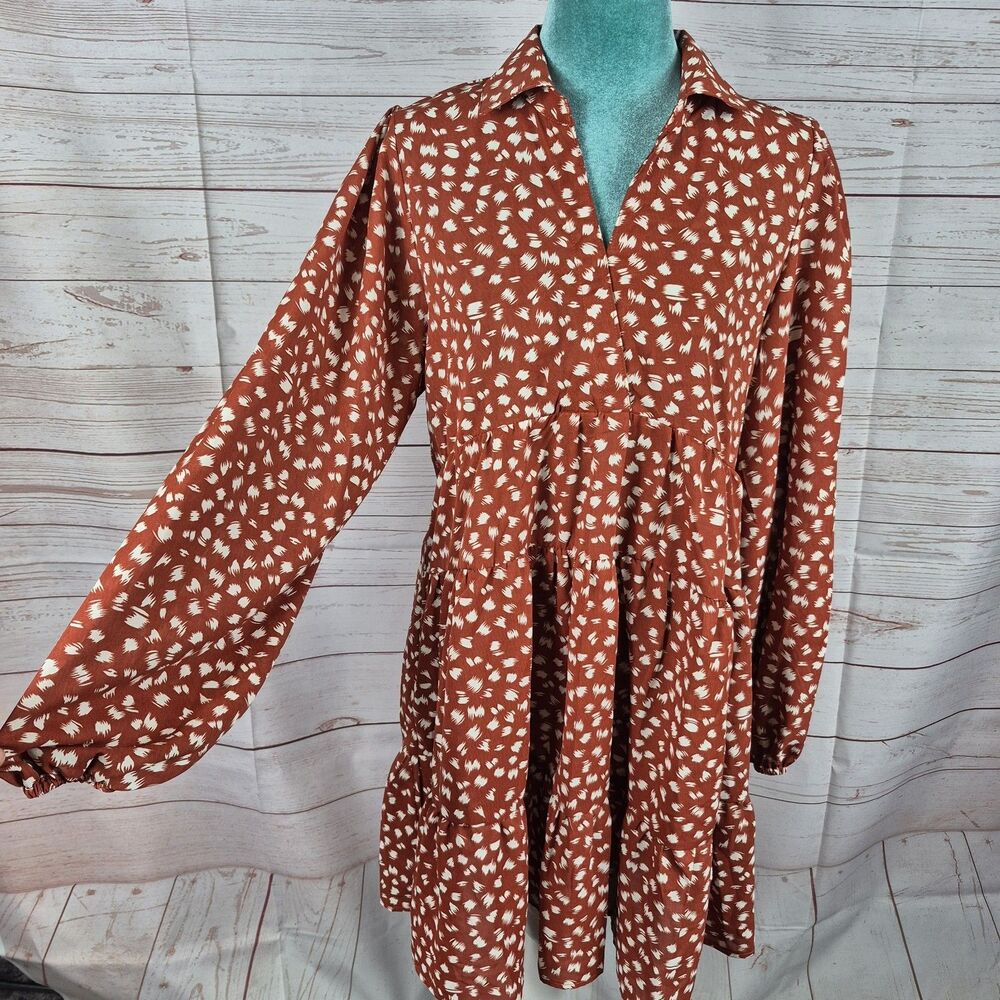 Umgee Brown Bambi Animal Print Midi Tiered Dress Size S Oversized Boho Cowgirl